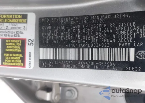 2020 Toyota Camry Se Nightshade из США, поврежденный, VIN 4T1G11AK1LU334922